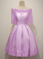 Lilac A-line Taffeta Off The Shoulder Half Sleeves Lace Knee Length Lace Up Quinceanera Dama Dress