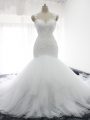Suitable White Backless Straps Beading and Ruffles Wedding Dress Tulle Sleeveless Court Train