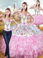 Flare Three Pieces Sweet 16 Dresses Rose Pink Sweetheart Organza and Taffeta Sleeveless Floor Length Lace Up