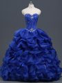Organza Sweetheart Sleeveless Lace Up Beading and Ruffles and Pick Ups Sweet 16 Dress in Royal Blue