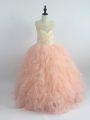 Fantastic Peach Zipper Little Girl Pageant Dress Appliques and Ruffles Sleeveless Floor Length