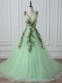 Apple Green V-neck Lace Up Belt and Hand Made Flower Evening Dress Court Train Sleeveless