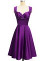 Glittering Eggplant Purple Sleeveless Ruching Knee Length Wedding Party Dress
