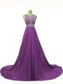 Eggplant Purple Sleeveless Chiffon Brush Train Backless Going Out Dresses for Prom and Party