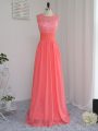 Stylish Sleeveless Floor Length Lace Zipper Quinceanera Court of Honor Dress with Watermelon Red