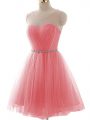 Mini Length Watermelon Red Prom Gown Tulle Sleeveless Ruching