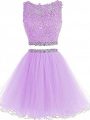 Beading and Lace and Appliques Homecoming Dresses Lavender Zipper Sleeveless Mini Length