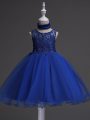 Royal Blue Scoop Neckline Beading and Lace Girls Pageant Dresses Sleeveless Zipper