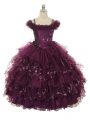 Burgundy Ball Gowns Off The Shoulder Sleeveless Organza Floor Length Lace Up Ruffles and Ruffled Layers Little Girls Pageant Dress Wholesale