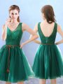 Gorgeous Sleeveless Tulle Knee Length Backless Vestidos de Damas in Green with Lace