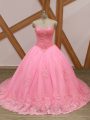 Custom Fit Lace Up Quince Ball Gowns Rose Pink for Military Ball and Sweet 16 and Quinceanera with Beading and Lace Brush Train