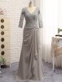 Grey Zipper V-neck Lace and Appliques Mother Of The Bride Dress Chiffon Long Sleeves