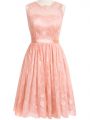 Peach Lace Zipper Scoop Sleeveless Knee Length Dama Dress Lace