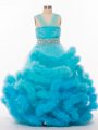 Tulle Sleeveless Floor Length Kids Formal Wear and Beading and Hand Made Flower