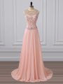 Low Price Scoop Sleeveless Chiffon Dress for Prom Beading Brush Train Side Zipper
