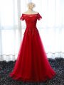 Short Sleeves Lace Up Floor Length Lace and Appliques Prom Evening Gown