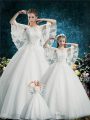 Floor Length White Quinceanera Dress Tulle Half Sleeves Lace