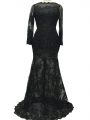 Designer Bateau Long Sleeves Brush Train Backless Mother Of The Bride Dress Black Lace