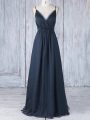 Custom Made Navy Blue Chiffon Backless Spaghetti Straps Sleeveless Floor Length Bridesmaid Gown Ruching