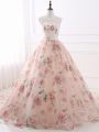 Nice Scoop Sleeveless Evening Party Dresses Brush Train Lace and Appliques and Belt Pink Organza and Printed
