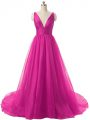 Fine Organza V-neck Sleeveless Brush Train Backless Ruching Ball Gown Prom Dress in Fuchsia