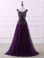 Sweep Train A-line Prom Evening Gown Eggplant Purple Scoop Tulle Sleeveless Zipper