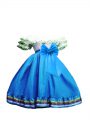 New Style Off The Shoulder Short Sleeves Little Girls Pageant Gowns Floor Length Ruffled Layers and Bowknot Baby Blue Taffeta