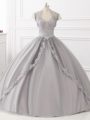 Grey Ball Gowns Beading and Appliques Sweet 16 Dress Lace Up Tulle Sleeveless Floor Length