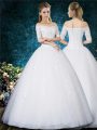 High Class White Ball Gowns Tulle Off The Shoulder Half Sleeves Beading and Appliques and Embroidery Floor Length Lace Up Wedding Gowns