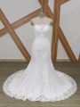 Unique White Bridal Gown Tulle Brush Train Sleeveless Lace