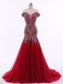 New Style Red Teens Party Dress Off The Shoulder Sleeveless Brush Train Zipper