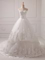 White A-line Tulle Sweetheart Sleeveless Lace and Appliques Lace Up Bridal Gown Brush Train