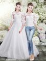 Traditional White Lace Up Wedding Dresses Lace Half Sleeves Floor Length