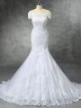 White Zipper Wedding Gown Beading and Lace and Appliques Sleeveless Brush Train