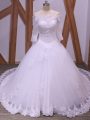 Tulle Half Sleeves Bridal Gown Brush Train and Lace