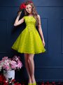 Knee Length Lace Up Bridesmaid Gown Yellow Green for Prom and Party with Beading and Lace