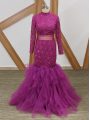 Free and Easy High-neck Long Sleeves Mother Of The Bride Dress Floor Length Lace and Ruffles Fuchsia Tulle