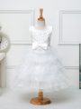 Perfect Sleeveless Organza Tea Length Zipper Kids Formal Wear in White with Ruffled Layers and Bowknot