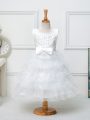 Perfect Sleeveless Organza Tea Length Zipper Kids Formal Wear in White with Ruffled Layers and Bowknot