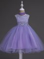 Modern Lavender Organza Zipper Scoop Sleeveless Knee Length Pageant Gowns For Girls Beading and Lace
