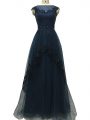 Flare Floor Length Navy Blue Mother Of The Bride Dress Tulle Sleeveless Lace and Appliques