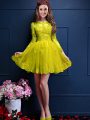 Traditional 3 4 Length Sleeve Mini Length Beading and Lace and Appliques Lace Up Wedding Guest Dresses with Yellow