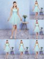 Beautiful Cap Sleeves Tulle Mini Length Lace Up Dama Dress for Quinceanera in Aqua Blue with Appliques