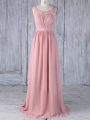 Sexy Scoop Sleeveless Criss Cross Bridesmaid Dresses Pink Chiffon