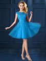 Stunning Baby Blue Lace Up Quinceanera Court of Honor Dress Lace and Belt Cap Sleeves Knee Length