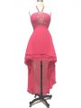 Ideal Hot Pink Empire Beading Cocktail Dresses Backless Chiffon Sleeveless High Low