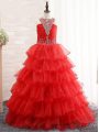 Red Lace Up Halter Top Beading and Ruffled Layers Little Girls Pageant Gowns Organza Sleeveless