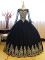 Beauteous Long Sleeves Organza Floor Length Lace Up Sweet 16 Dresses in Navy Blue with Appliques