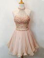 Perfect Champagne Two Pieces Beading Court Dresses for Sweet 16 Lace Up Organza Sleeveless Knee Length