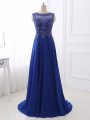 Fabulous Sweep Train Empire Prom Evening Gown Royal Blue Bateau Chiffon Sleeveless Side Zipper